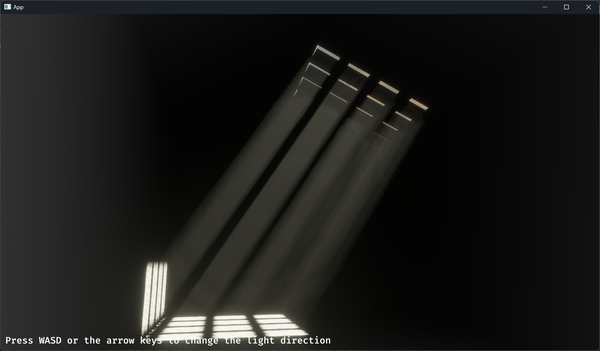 Volumetric fog and lighting example with grid of sky lights whose rays can be seen through a slight fog.