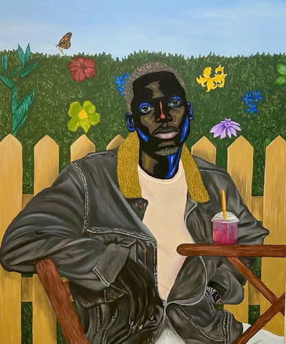 Painting of a young Black man wearing a grey jacket sitting outside against a yellow picket fence and green flowering hedge, looking directly at the viewer with a small table holding a pink drink in front of him