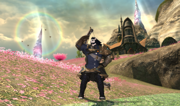 A Hrothgar bard standing in a field with bright pink flowers, bright green grass and water. In the background are crystal spires surrounded by circular rainbow prisms.