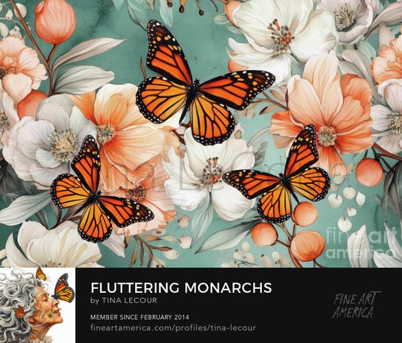 This is mixed media floral of three monarch butterflies fluttering over a  botanical  teal floral background with peach and white peony flowers.