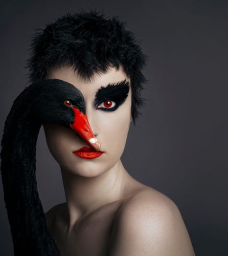 Photography. A color photo of a dark-haired woman with a black swan. The dark-haired woman with short black hair, black feathers as eyebrows and red-painted lips "shares" her left eye with a black swan. She wears red contact lenses. The head of the black swan with its long neck and red beak is positioned so that it is in front of the artist's right eye. A surreal-looking picture with a magical attraction.
Info: The Hungarian photo artist
Flora Borsi experiments with the boundaries of reality in her "Animeyed II." series by merging animals with self-portraits. In doing so, she adapts to the physiognomy of the animals and creates a surreal reality.