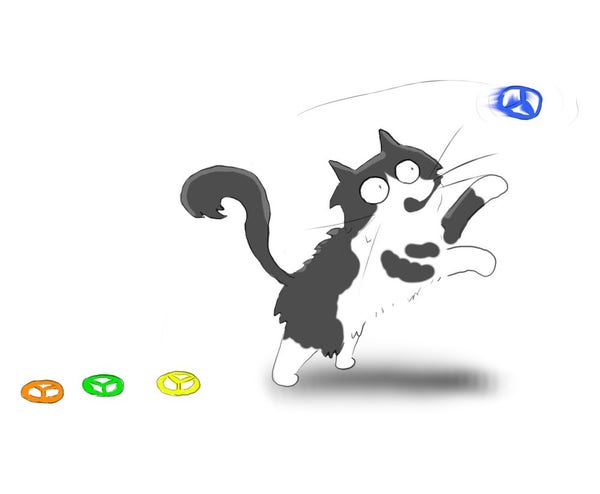 A cartoon of a fluffy grey and white cat chasing a little spinning flying toy that is shooting through the air. Behind her are three more of these toys nicely lined up.