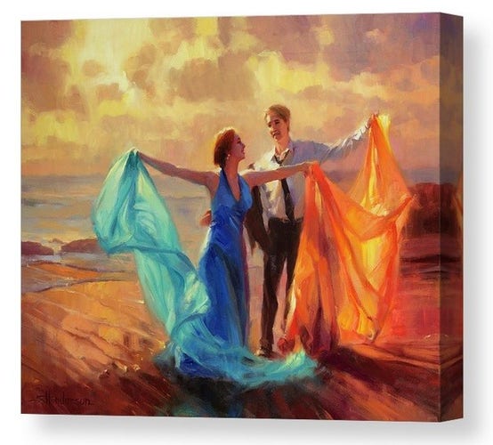 Canvas print of an original oil painting depicting a young couple spontaneously dancing on the beach at sunset.