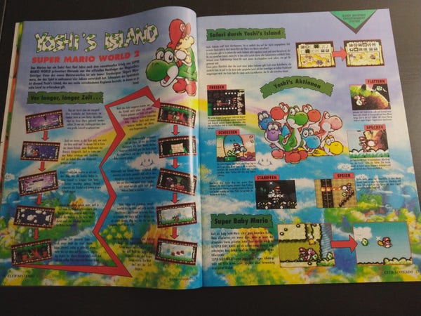 Two Pager of Club Nintendo magazine about Yoshis Island for SNES showing ingame scenes and describing movement techniques.