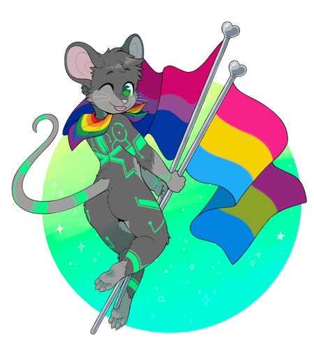 Simon (a mouse) wearing a bandana with LGBTQ pride colors, holding a bisexual pride flag and a pansexual pride flag. He's winking at the viewer.