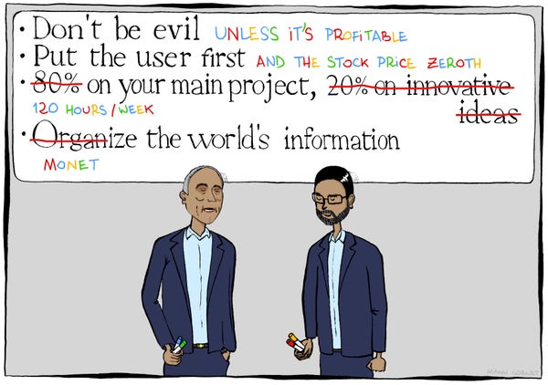 The drawing represents two Google executives (Prabhakar Raghavan and Sundar Pichai) standing in front of a large sign. Both are holding multicolor pens and seem to have altered the slogans written on the sign, as follows. "Don't be evil" (added: "unless it's profitable"). "Put the user first" (added: "and the stock price zeroth"). "80%" (striked through, replaced with "120 hours / week") on your main project, 20% on innovative ideas" (second half striked through). "Organize" ("organ" striked through, replaced with "monet") the world's information.