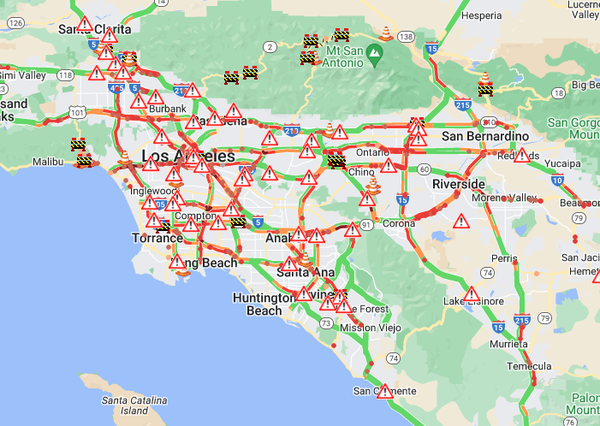 Map of Los Angeles freeways, showing almost everything is red, ie. sucks