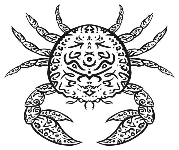Black thick lines drawing of a crab, made of abstract patterns, similar to tribal tattoos. The crab is rather round, like looked at from up, with all its limbs well visible.