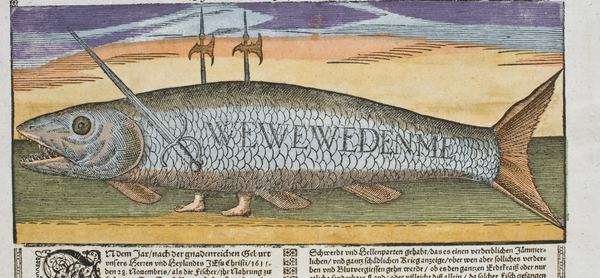 Detail of a wonderfish with 2 human legs, a sword, 2 pikes, and a godly warning on the fish skin. The image of part of a broadside published in Augsburg, Germany, in 1616. 