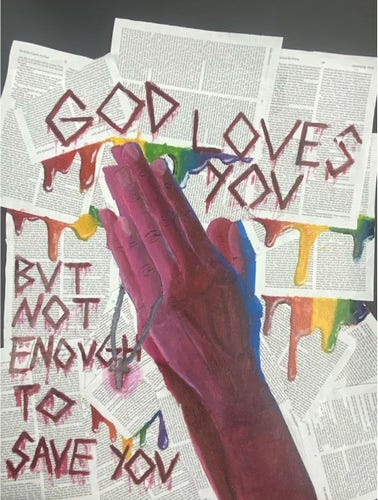 Painting of image hands clasped in prayer with stylized words over clippings of Bible passages with words: “God loves you, but not enough to save you”