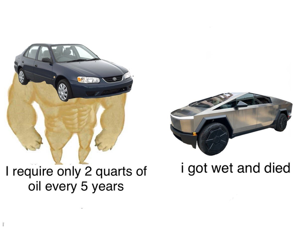 Big dog small dog meme with a typical non-EV car as the big dog which says "I require only 2 quarts of oil every 5 years" and a Cybertruck as the small dog which says "I got wet and died"