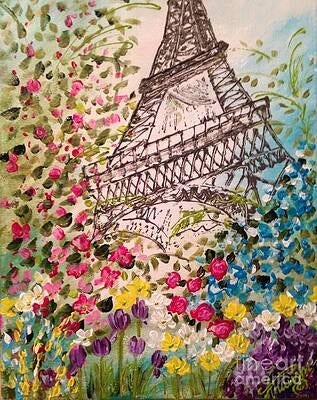 Painting of a view from below of a brown Eiffel Tower with flowers in all sorts of colours aroud it. 