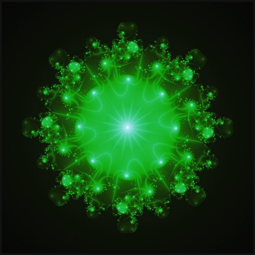 A glowing green fractal shape with white highlights and 8 order rotational symmetry on a black background.