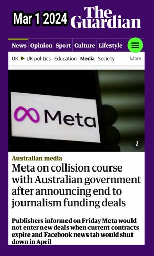 Meta on collision course with Australian government after announcing end to journalism funding deals, also in the US
Mar 1 2024