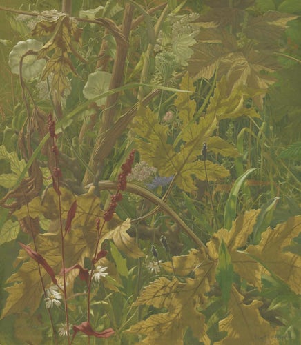 Painting of a close-up view of field with leaves, grass, and flowers in a muted green-yellow palette 