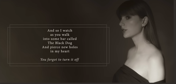 A screenshot from the lyric video of Taylor Swift's new song, "Black Dog.' The lyrics are: 

I am someone who,
until recent events
you shared your secrets with
and your location
you forgot to turn it off