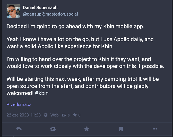 dansup: "Decided I'm going to go ahead with my Kbin mobile app."