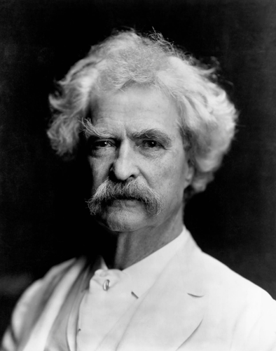 A black-and-white portrait of the author Mark Twain. He is facing towards the camera, wild white hair across the top of his head, large eyebrows wisping off and up, and a thick, broad moustache hanging across his top lip.