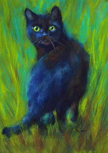Black cat in the green grass is an acrylic painting in portrait format painted by artist Karen Kaspar. A black cat is walking in the green grass. You see her from behind. She turns her head in the direction of the viewer and looks at you with green eyes.