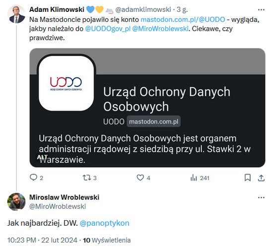 Screenshot rozmowy na Twitterze między Adamem Klimowskim a Mirosławem Wróblewskim (Prezesem Urzędu Ochrony Danych Osobowych) na temat profilu UODO na Mastodonie.