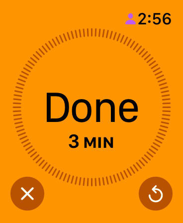 Screenshot of Apple Watch timer expiration, a large text label, “Done” in the middle of a circle on the screen, a tiny x button on the lower left corner.