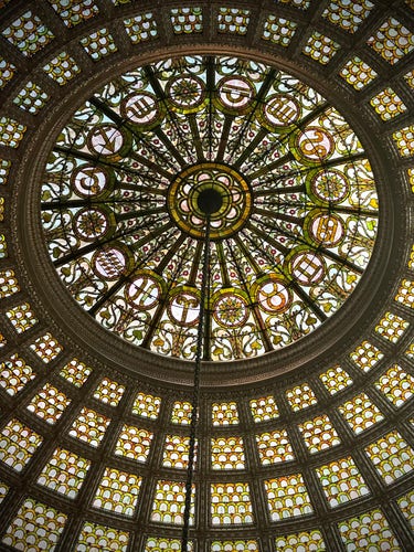 Close up of the zodiac characters represented in the stained glass of the Tiffany dome located in the Chicago Cultural Center (formerly the main branch of the Chicago Public Library). Full details in the link in my toot. 