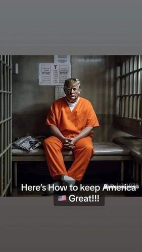 A simulated image of a smartphone image capture:
Donald Trump is in an orange prison jump suit, seated in a cell. The barred window is streaming in sun and the door seems open.

CAPTION: " "Here's How to keep America 🇺🇸Great!!!"