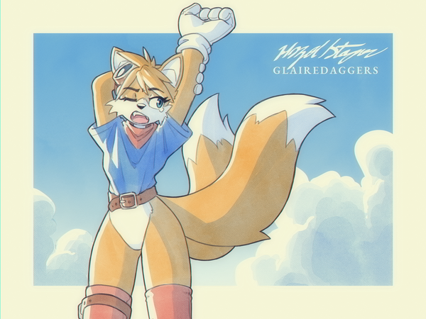 Watercolor-esque drawing of a girl version of Tails (from Sonic the Hedgehog), stretching her arms up and yawning. She sports a blue t-shirt fastened into a belt, red stockings, and a red bandana around her neck.