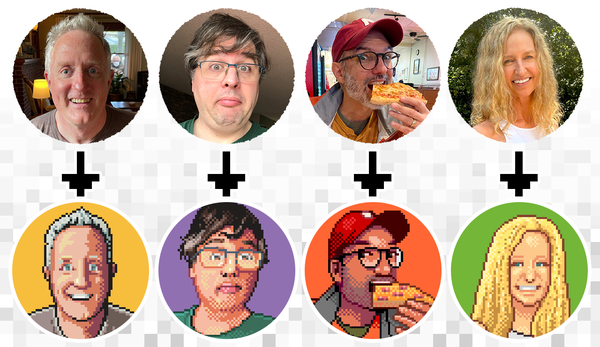 Example pixel portraits: 4 photos of Iconfactory people (Craig, Sean, Anthony, and Cheryl), with a corresponding pixellated version of each.