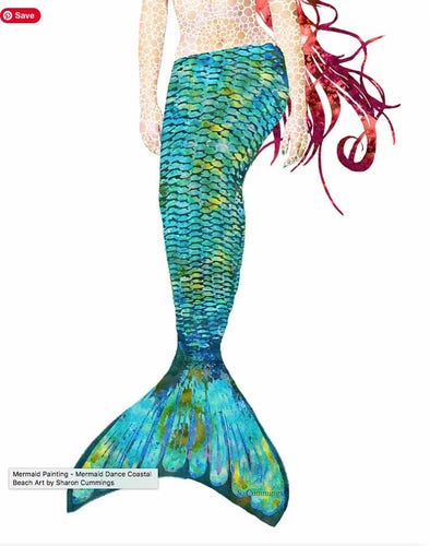 Bottom half of a mermaid with fins.  She has flowing red hair.  A unique mosaic pattern by artist and poet Sharon Cummings.  Haiku in post.