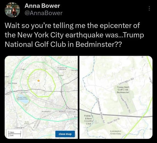 Map of New Jersey showing the epicenter of the recent NYC earthquake. It is centered over the Trump National Golf Club in Bedminster, NJ