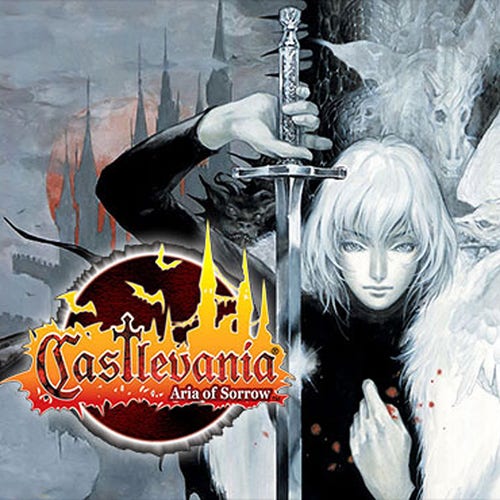 Cover art for Castlevania: Aria of Sorrow, showing the game logo and the main protagonist.