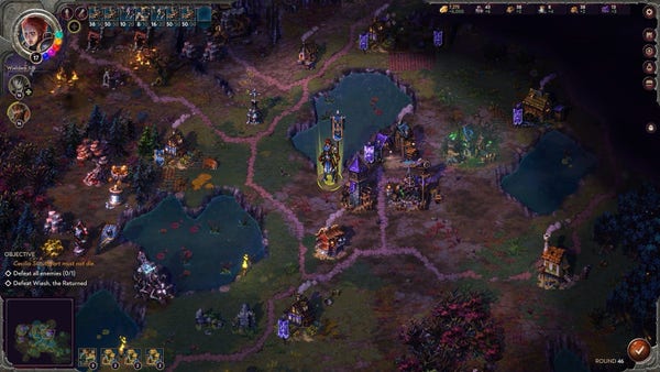Screenshot of a fantasy strategy game with a dark, mystical landscape, various structures, and a character highlighted in the center. Game interface elements and objectives are visible on the screen.