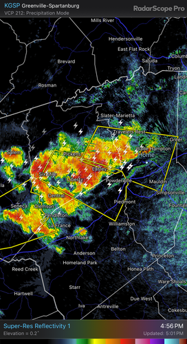 A screenshot from the RadarScope app, showing multiple severe thunderstorms in the upstate of South Carolina. 