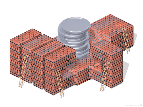 Stylized, isometric 3D illustration, showing a large hand made of bricks, holding a stack of cash, while ladders are placed against the walls of the hand building.