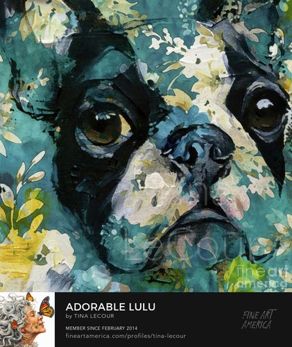 This is a painted mixed media portrait of an adorable french bulldog with a botanical floral background. 