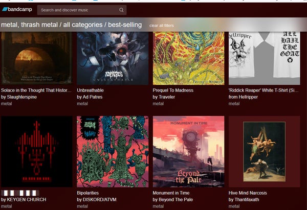 Screenprint of Beyond the Pale's new release 'Monument in Time' in the top 10 of best-selling metal releases on Bandcamp.