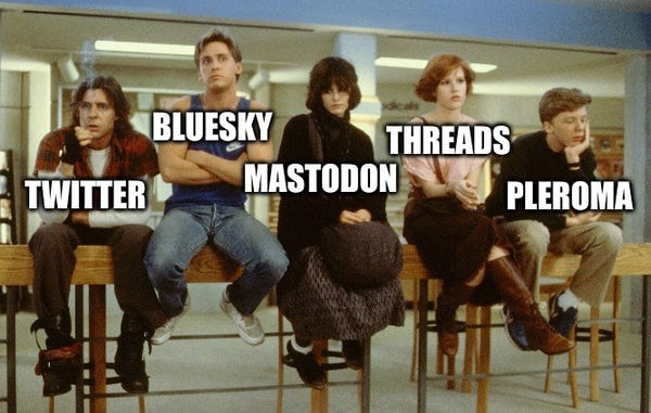 Iconic shot of The Breakfast Club (1985)

The bad boy: "Twitter"

The cool kid: "Bluesky"

The weirdo: "Mastodon"

The princess: "Threads"

The nerd: "Pleroma"