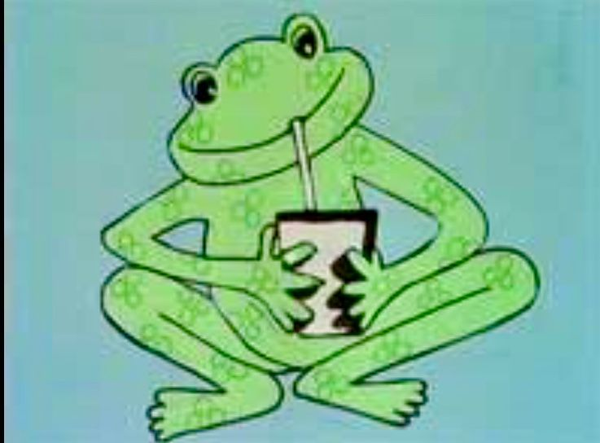 A picture of Alberto the frog from Bod, drinking a milkshake