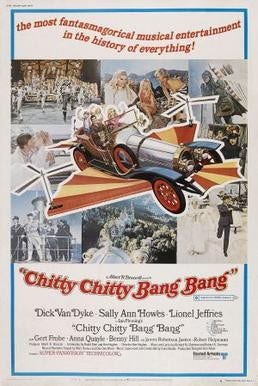 Theatrical poster of “Chitty Chitty Bang Bang” featuring the flying car and various shots of scenes. 