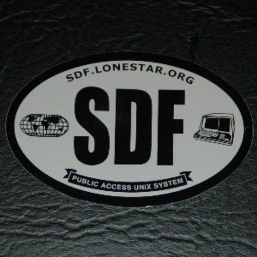SDF.LONESTAR.ORG branded, oval SDF promotional sticker. We haven't used that domain for many years now, it went away and then we got it back but migrated away from it eventually.

Many of us still have fond memories of those days when a shitload of RAM was measured in MegaBytes, and hard drive prices had finally fallen to about a buck a meg.