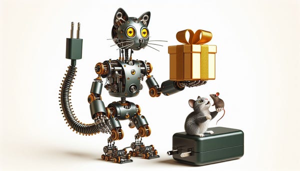 Mech Cat bearing gifts for mouse friend.