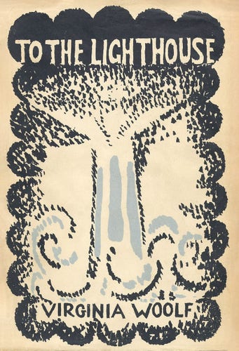 1st edition cover of To The Lighthouse designed by Vanessa Bell.

Vintage book cover for "To the Lighthouse" by Virginia Woolf, featuring an abstract design of a lighthouse in black and pale blue on a beige background.