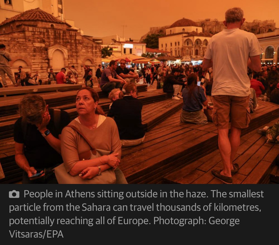 People in Athens sitting outside in the haze. The smallest particle from the Sahara can travel thousands of kilometres, potentially reaching all of Europe. Photograph: George Vitsaras/EPA 