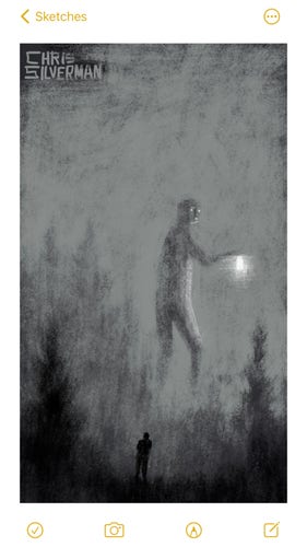 A forest at night. The sky is heavy and gray with clouds. The trees are faded and ghostly. In the distance, but still unsettling close, stalks a giant figure with glowing eyes, holding a white glowing lantern. In the foreground, a much smaller figure stands in the shadows, watching. 