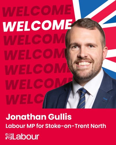 Fake poster welcoming Jonathan Gullis to the UK Labour Party.