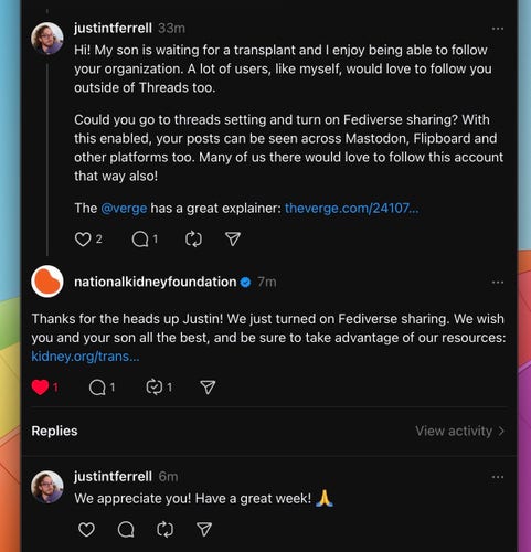 A screenshot of a social media conversation where one user requests an organization to enable Fediverse sharing for wider accessibility, and the organization responds affirmatively, wishing the user's son well.