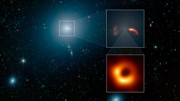 Portrait of galaxy with inset image of a black hole