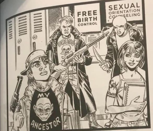  hilarious fundie comic of high school delinquents with guns and kives, one has a shirt that says "monkey my ancestor", another says "drugs", there's signs promoting free birth control and sexual orientation counseling
