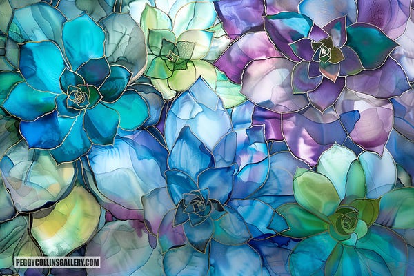 Colorful artwork of chicks and hens succulents in colors of blue, green and purple, by artist Peggy Collins.
